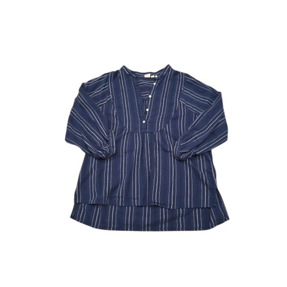 Gap Womens Blue White Striped Henley Blouse Long‎ Sleeve High Low Hem Size M